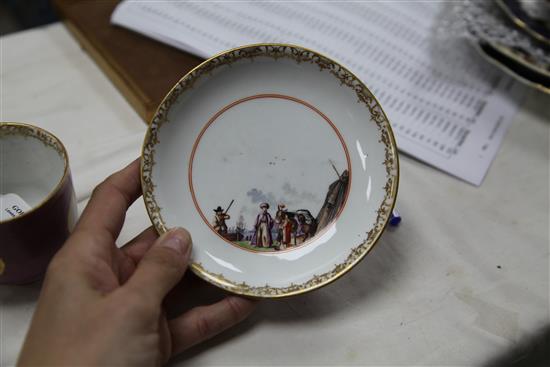 A Meissen coffee cup and saucer, c.1730, height 6.6cm, cup restored
